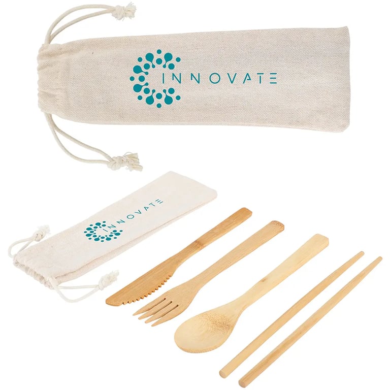 Bamboo Cutlery Set in Cotton Drawstring Pouch